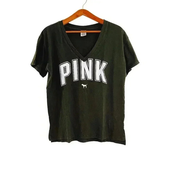 VS Pink Victoria's Secret Forest Green V Neck Tee Women's Size M - Picture 1 of 4